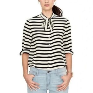 Fossil Silk Tie Neck Striped Blouse Cream Black Size XS